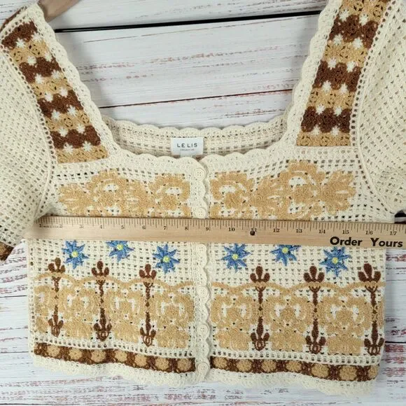 Le Lis Crochet Knit Top Button Cropped Womens Size M/L Short Sleeve Boho Beige - Picture 3 of 11